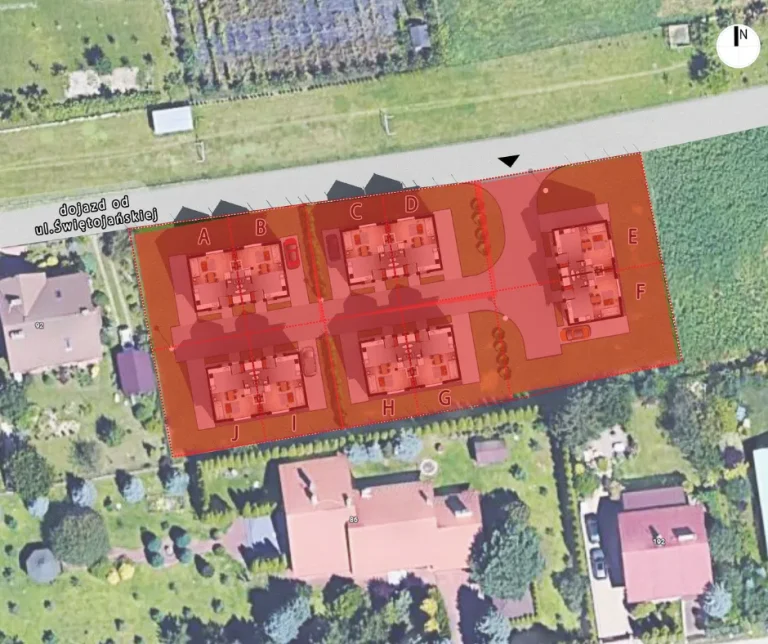 Plan osiedla przy ul. Świętojańskiej 94: sprzedane domy na czerwono